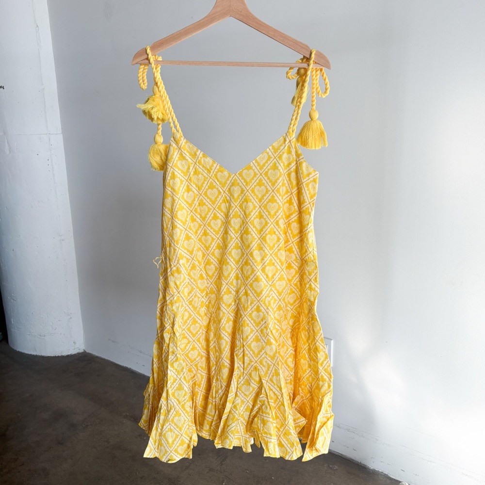 RHODE Yellow Diamond-Print Mini Dress with Tassel Straps